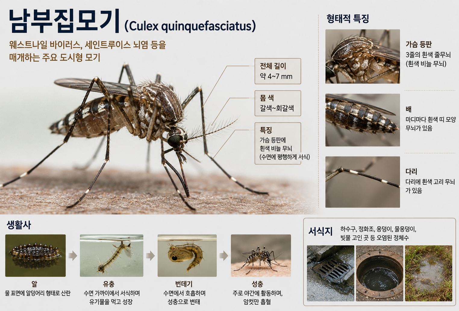 남부집모기의 형태적 특징과 생활사, 서식지를 설명한 과학 교육용 인포그래픽 이미지