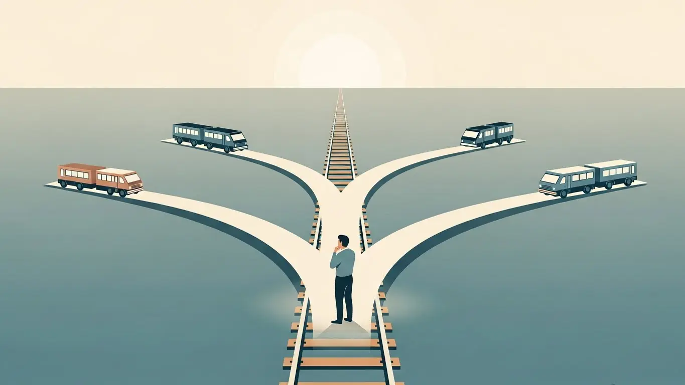 An illustration showing multiple variations of the trolley problem branching from a single core dilemma, representing shifting moral judgment