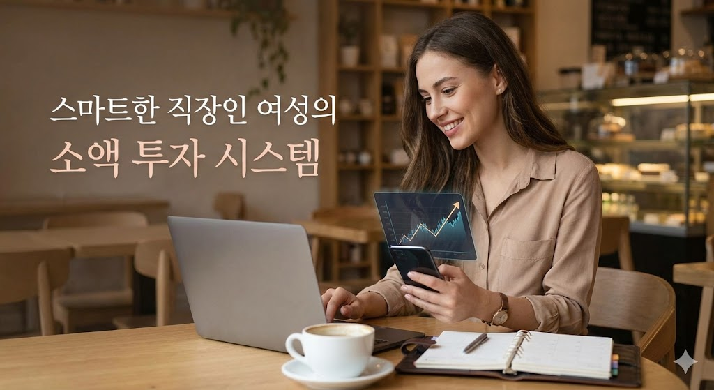 따뜻한 햇살이 비치는 카페에서 노트북과 스마트폰으로 투자 수익 그래프를 확인하며 여유롭게 미소 짓는 직장인 여성의 모습을 담은 감성적인 사진 썸네일