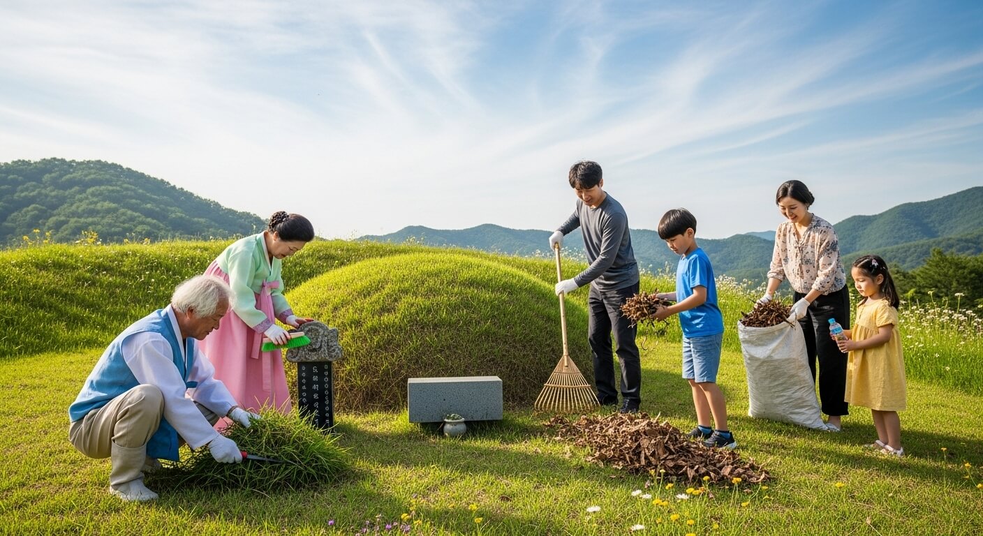가족이 함께 성묘지 주변을 벌초하고 정리하는 모습