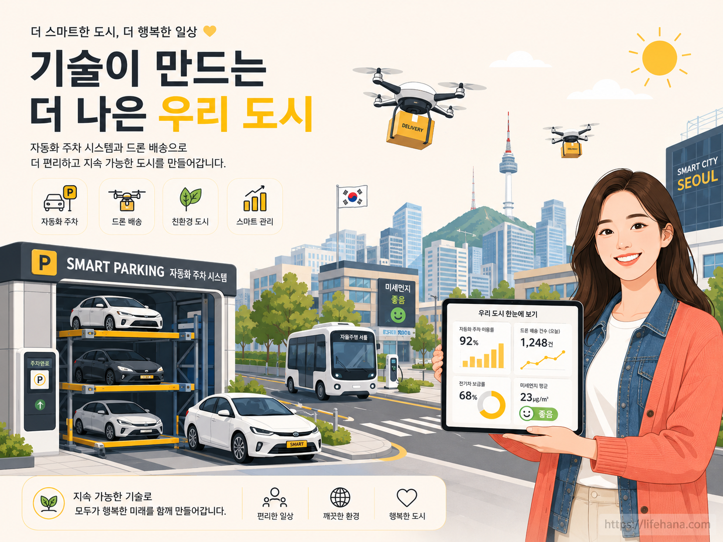 수원 스마트 도시 4대 허브존 조감도와 미래형 도시 인프라를 안내하는 따뜻한 코랄 톤의 인포그래픽