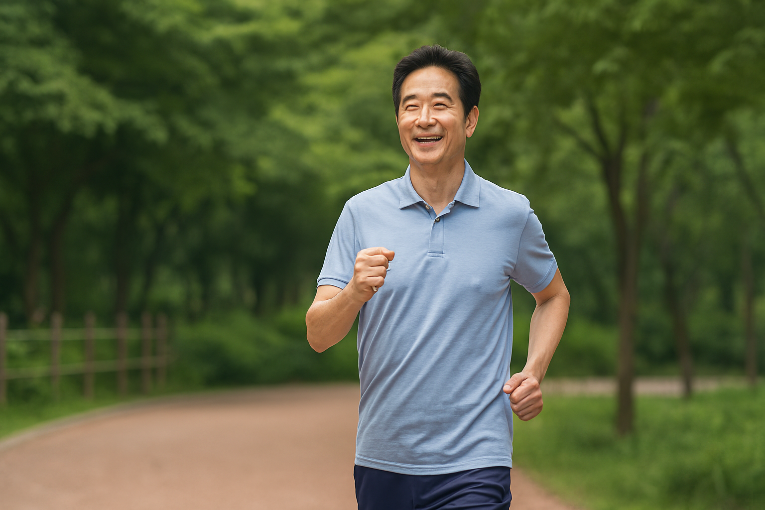 공원에서 걷기 운동을 하는 중년 남성의 모습