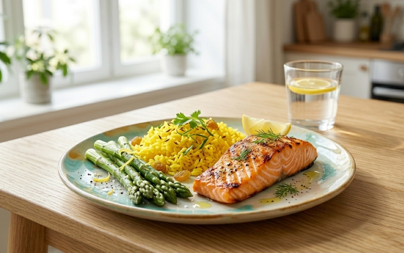 건강식인 강황밥과 구운 연어, 아스파라거스