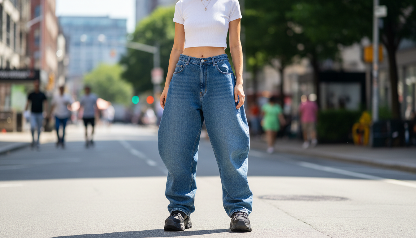 2026년 유행하는 배기커브진과 화이트 크롭티를 매치하여 힙하면서도 날씬해 보이는 길거리 패션 코디