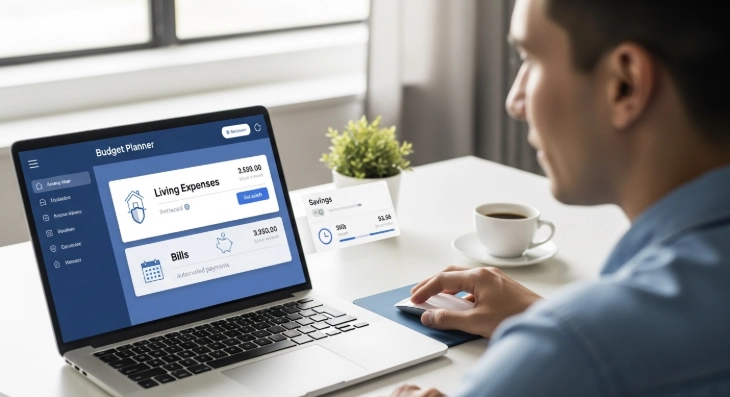 사람이 태블릿 앱으로 재정 관리를 하는 모습. 압류방지통장으로 생계비를 보호하고 다른 계좌로 저축 및 공과금을 관리하는 화면입니다.