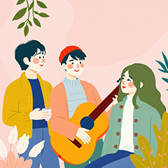 기타를 연주하며 대화를 나누는 젊은 예술인들의 모습. 예술활동을 통해 생계를 유지하는 음악가와 창작자의 일상 장면