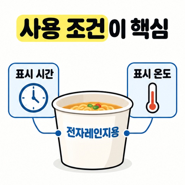 전자레인지용이라고 적힌 컵라면 용기를 표시 시간과 표시 온도 도식에 연결해 사용 조건이 핵심임을 보여주는 이미지