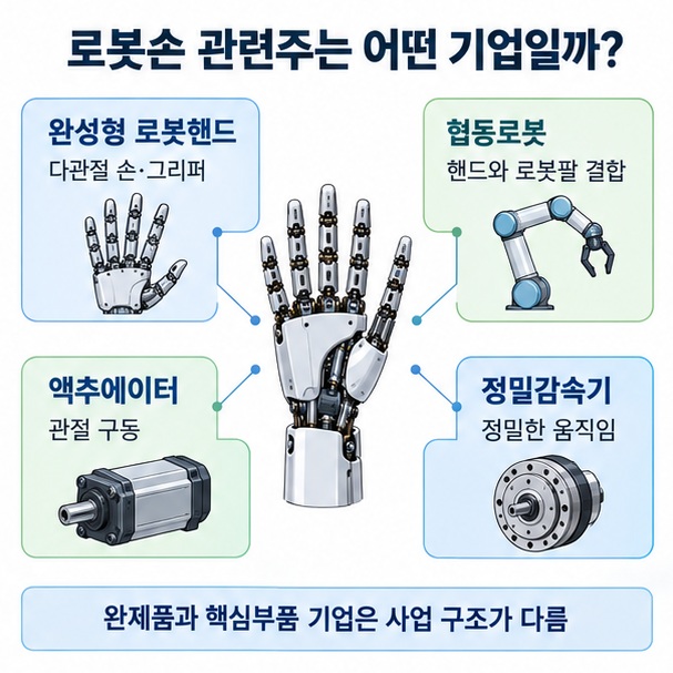 완성형 로봇핸드 그리퍼 액추에이터 정밀감속기로 로봇손 관련 기업 유형을 나눈 구조도