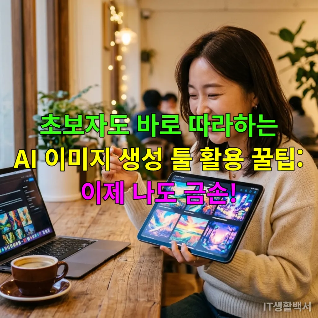 한국인 여성이 카페에서 AI 이미지 생성 툴을 활용하며 즐거워하는 모습