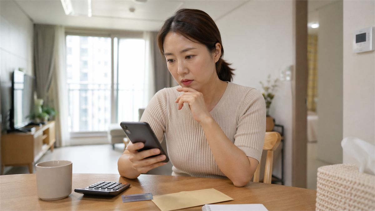 한국 가정 식탁에서 스마트폰으로 온라인 신청을 확인하는 모습 
