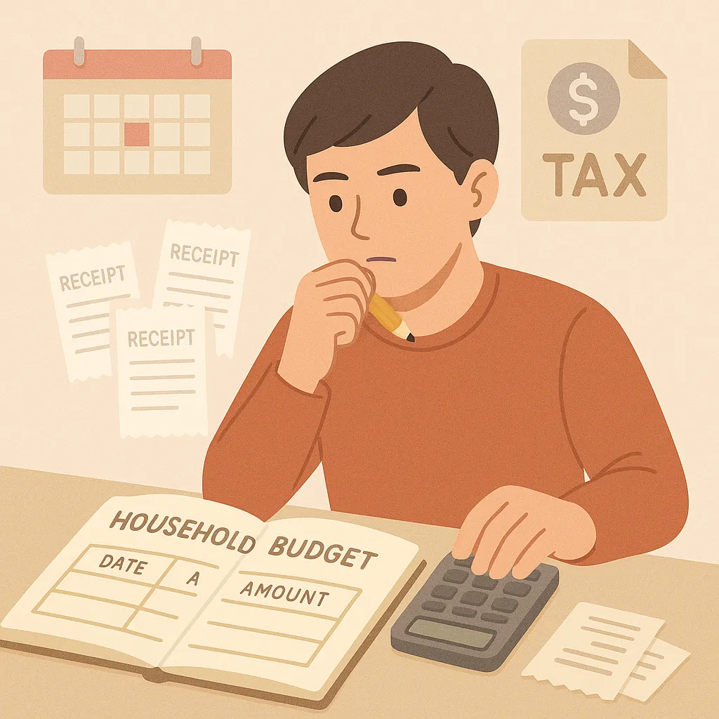 연말정산 전 가계부를 확인하기 위해 테이블 위에 펼쳐진 ‘Household Budget’ 장부와 영수증을 살펴보며 계산기를 사용해 생각에 잠긴 남성의 일러스트로, 뒤에는 달력과 세금 서류가 배치되어 연말정산 준비의 중요성을 시각적으로 강조