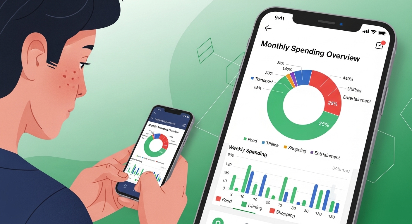 스마트폰 앱으로 자신의 월별 소비 패턴을 분석하고 있는 사람의 모습. 식비, 교통비, 쇼핑 등 다양한 카테고리의 지출 그래프가 표시되어 있습니다.