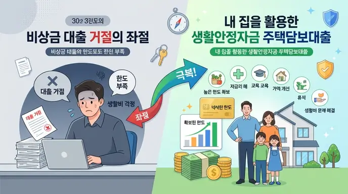 비상금 대출 거절의 좌절을 넘어, 내 집을 활용한 생활안정자금 주택담보대출로 넉넉한 한도를 확보하는 개념도