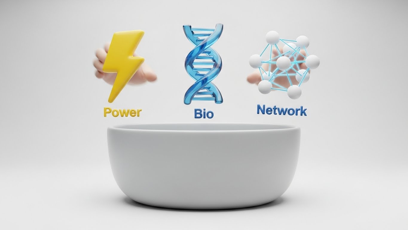MPWR(전력), ALNY(바이오 DNA), MRVL(네트워크 연결)을 상징하는 아이콘들이 포트폴리오 바구니에 담기는 모습