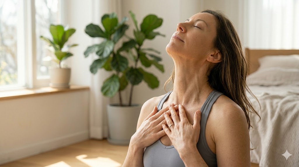 "편안한 복장의 인물이 양손을 가슴에 얹고 고개를 천천히 뒤로 젖히며 목 앞 근육을 스트레칭하는 모습. 거북목 예방을 위한 시원하고 평온한 느낌의 사진."