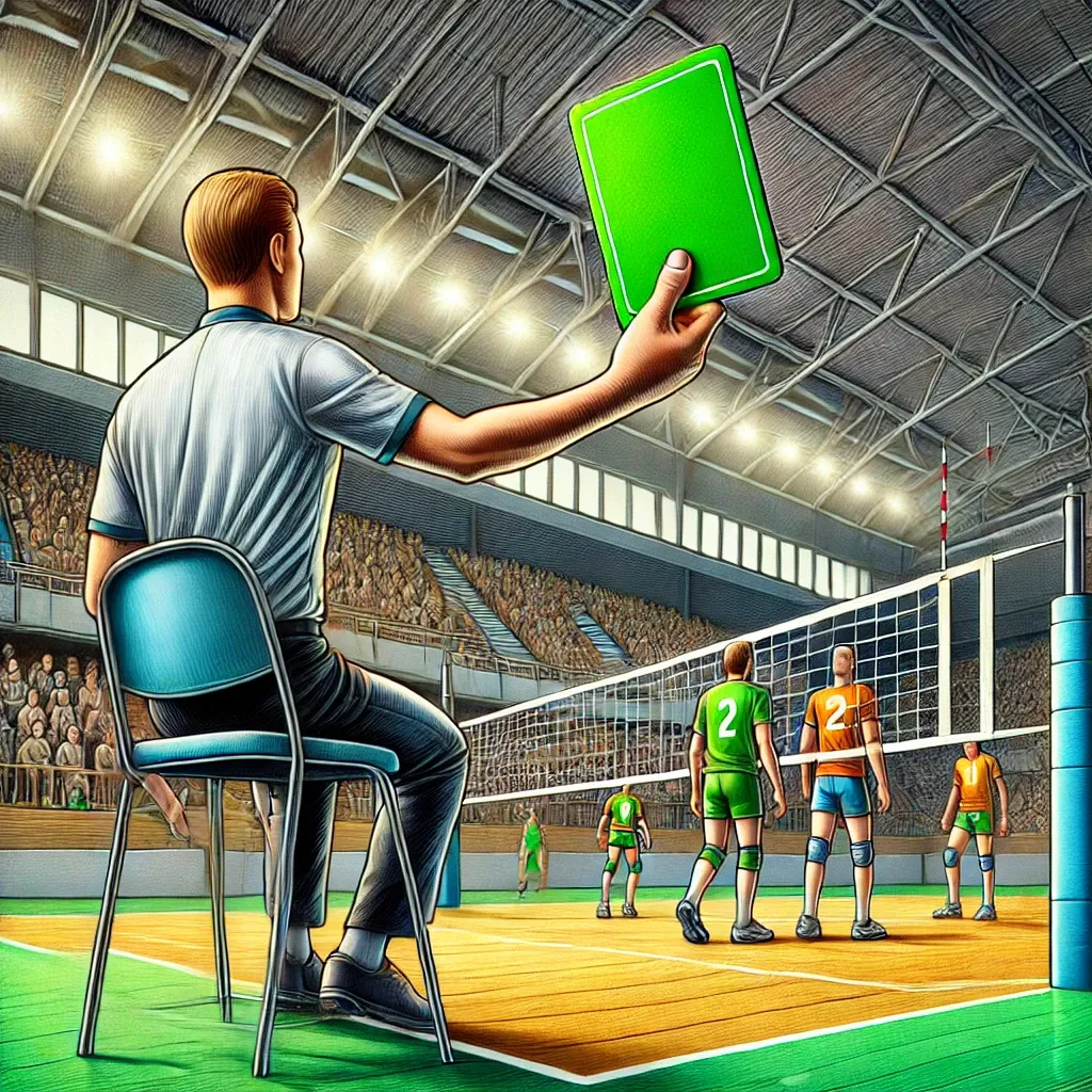 배구 경기 중 심판의 그린카드 제시 장면