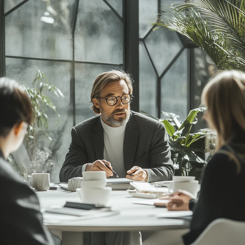 재무 상담사들이 연금계좌에 적합한 미국 월배당 ETF를 추천하는 모습이다. 높은 신뢰감이 감도는 전문적 사무실 환경이다.