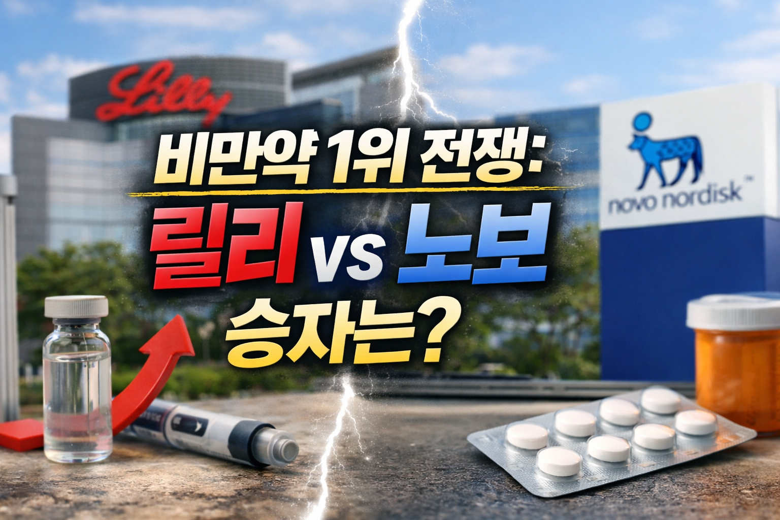 비만약 1위 전쟁, 일라이릴리와 노보노디스크의 경쟁 구도를 표현한 투자 분석 이미지