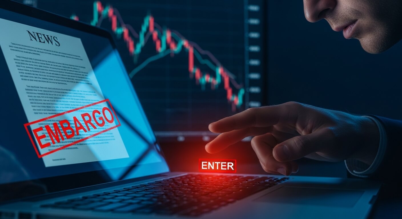 콤퓨터모니터에 NEWS 가 있고 EMBARGO 의 MARK 가 있다. ENTER 을 눌리려는 사람의 모습