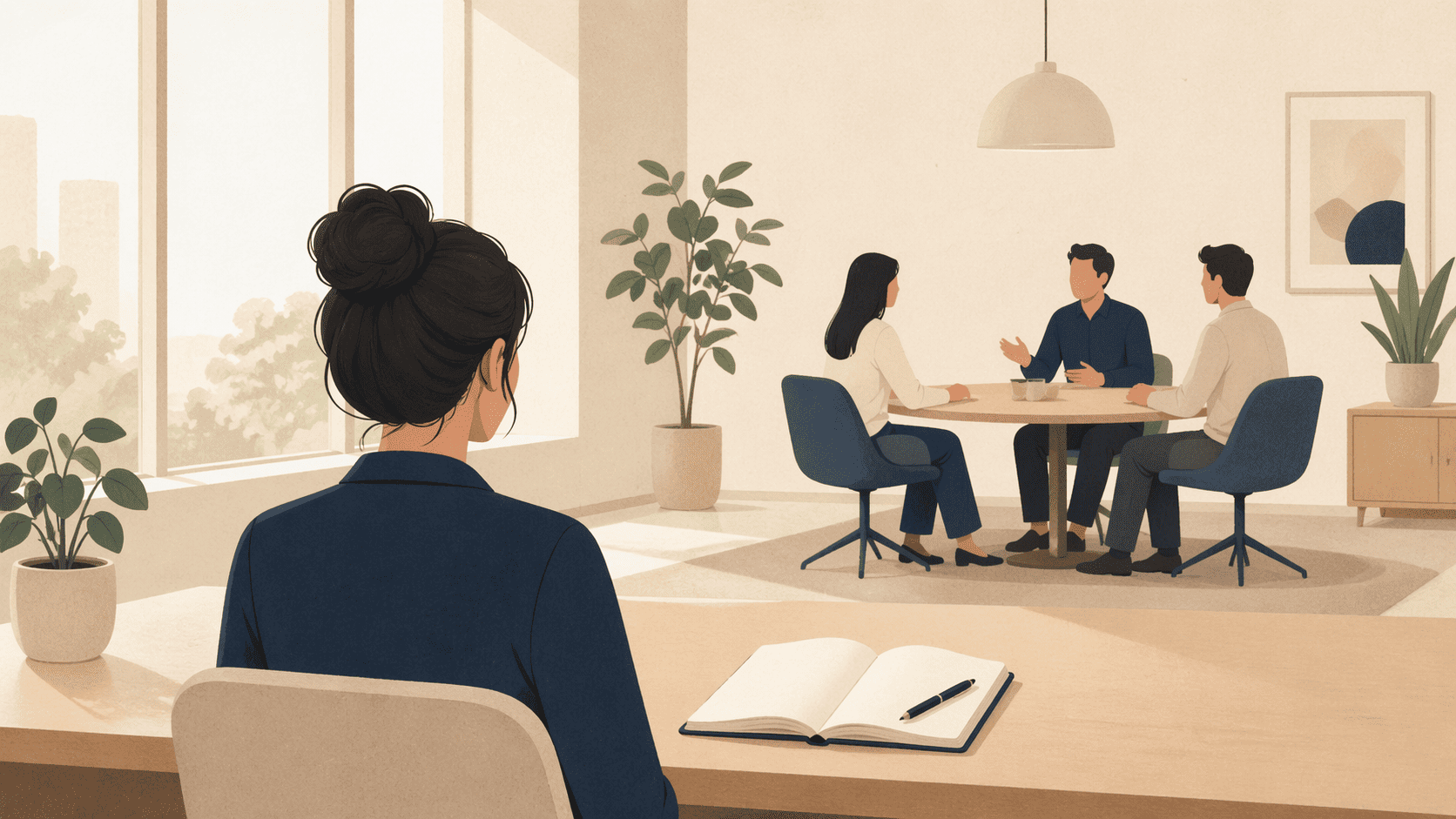 새로운 회사에 입사한 직장인이 관찰자 모드로 조직문화를 파악하는 모습 일러스트