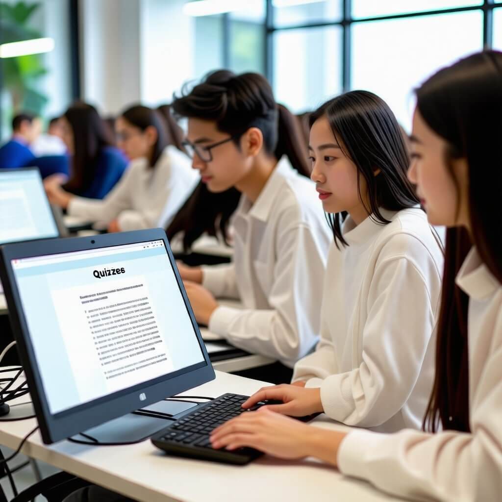 AI 국어 학습: 학생들이 AI 프로그램을 통해 국어 문법이나 독해를 학습하는 모습. AI가 제공하는 퀴즈나 문장 분석 도구를 사용하고 있는 장면.