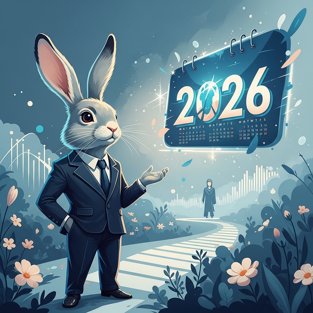 2026년 토끼띠가 성공적으로 한 해를 준비하는 모습, 직업, 재물, 건강, 애정운을 상징하는 요소들이 조화롭게 어우러진 그림