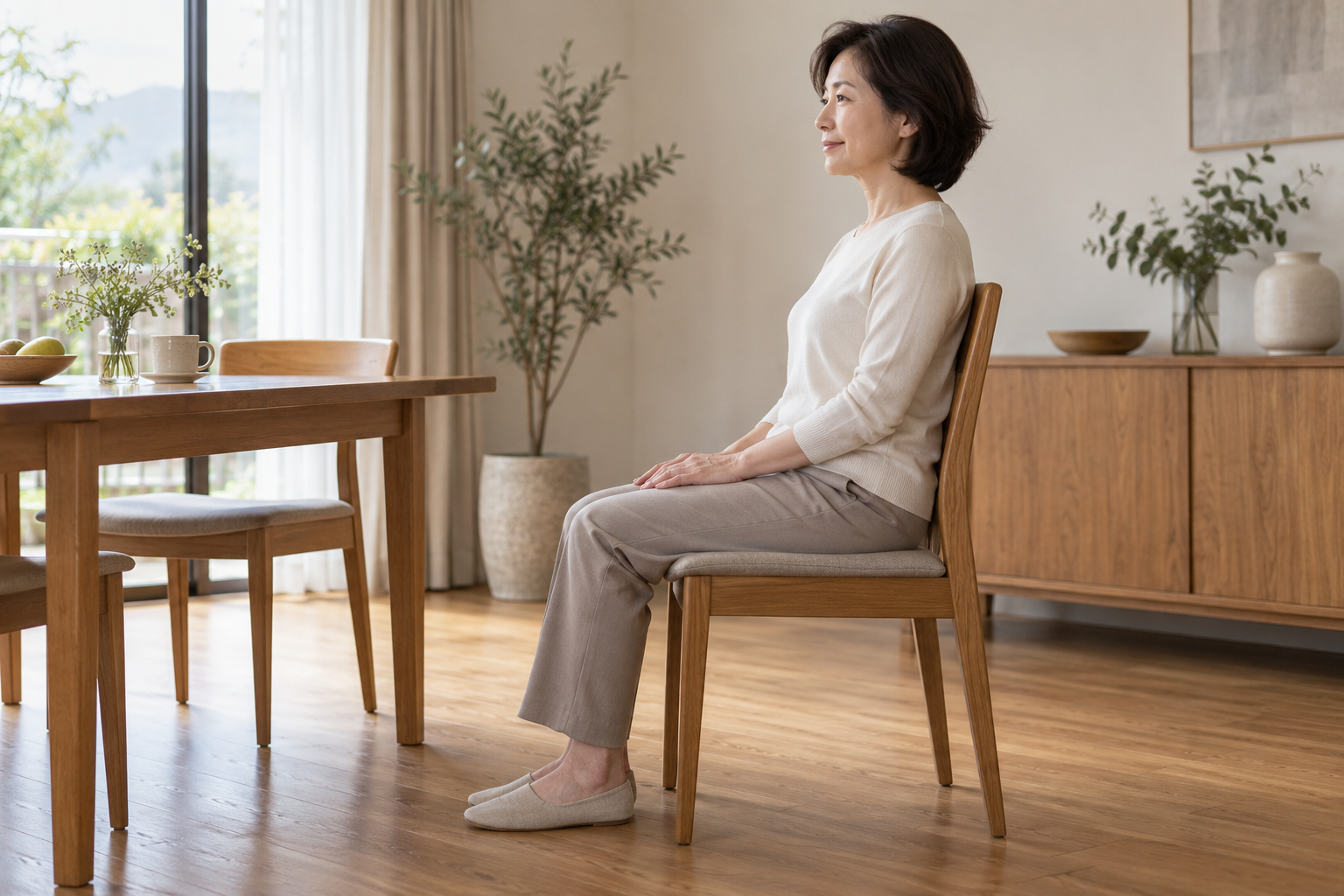 혈압을 재기 전 의자에 앉아 쉬는 모습