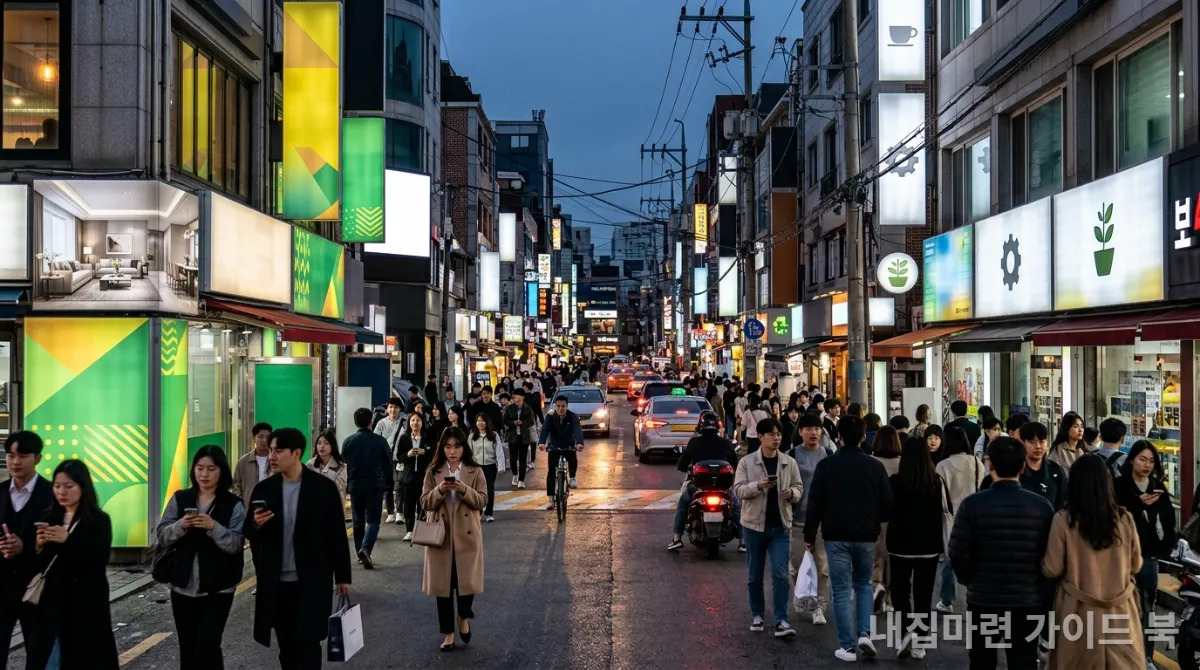 한국 도시의 번화한 부동산 거리 풍경, 전월세 시장의 변화를 상징