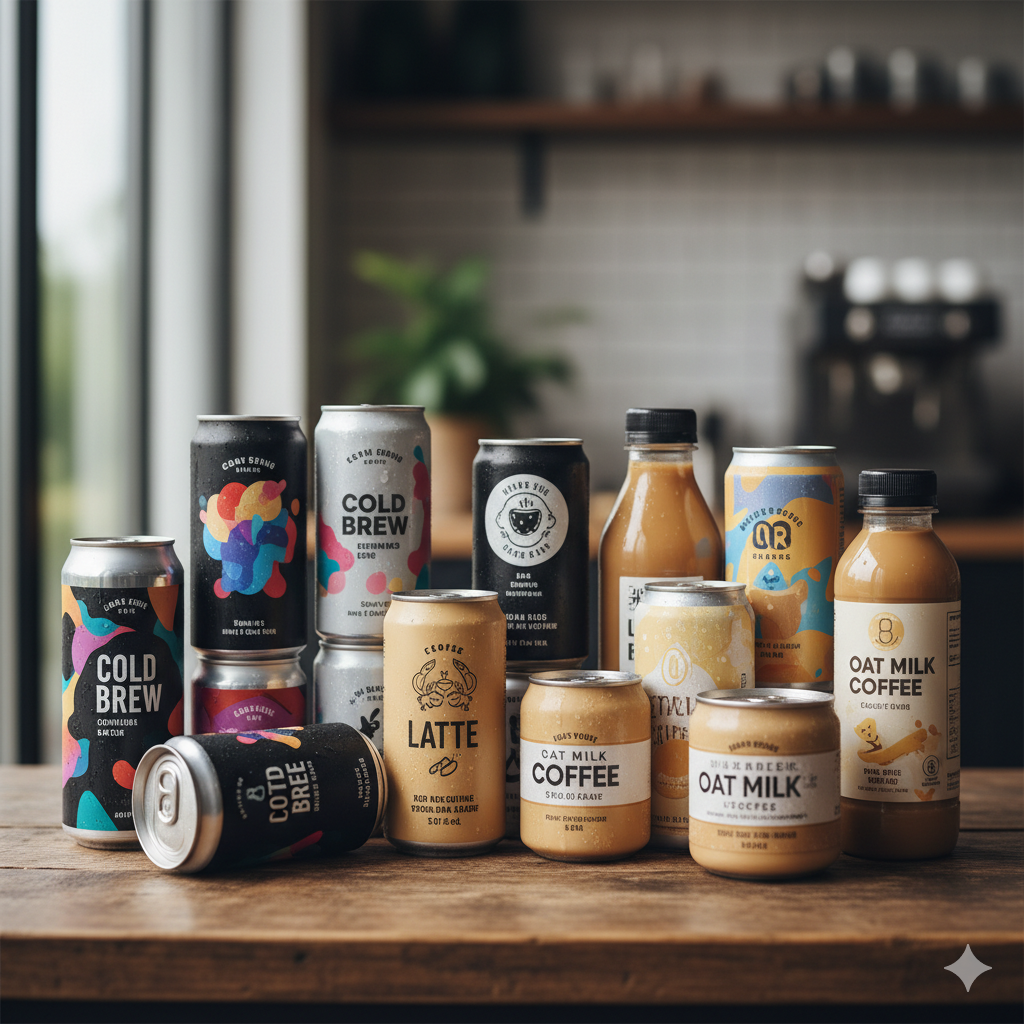 다양한 캔과 페트병 형태의 RTD 커피 음료, 다양한 색상의 커피 캡슐과 캡슐 머신, 원두와 드립 방식으로 내려진 스페셜티 커피 한 잔 (이미지 생성:google)