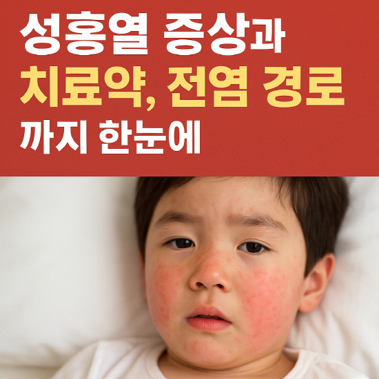 성홍열로 볼이 붉게 달아오른 한국인 남아가 침대에 누워 있는 모습과 함께, '성홍열 증상과 치료약, 전염 경로까지 한눈에'라는 문구가 상단에 적힌 건강 정보 썸네일 이미지