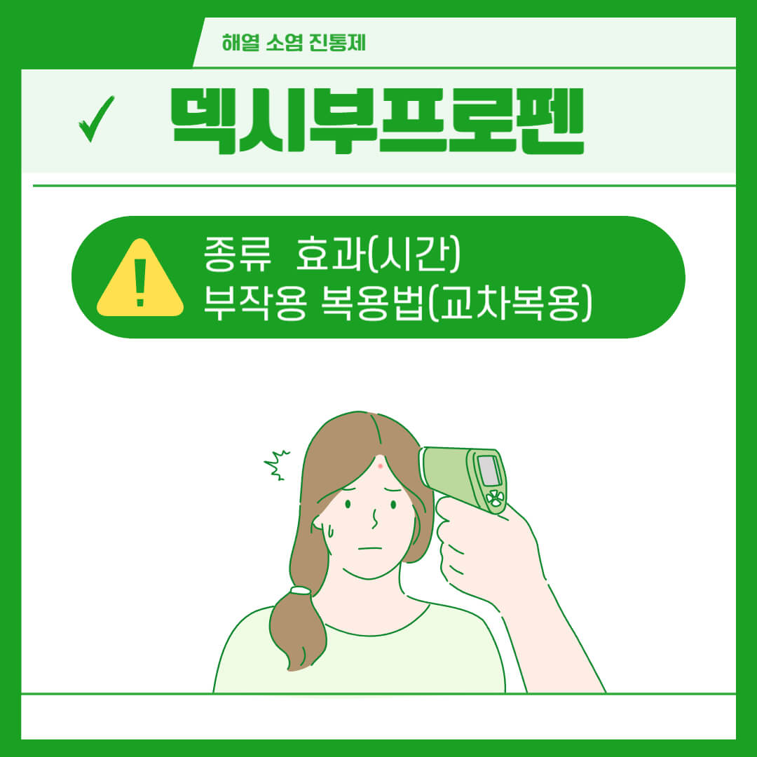 열이-나는-여성의-체온을-체크하는-그림과-덱시부프로펜의-종류와 효과-부작용-복용법을-나타내는-로고입니다.