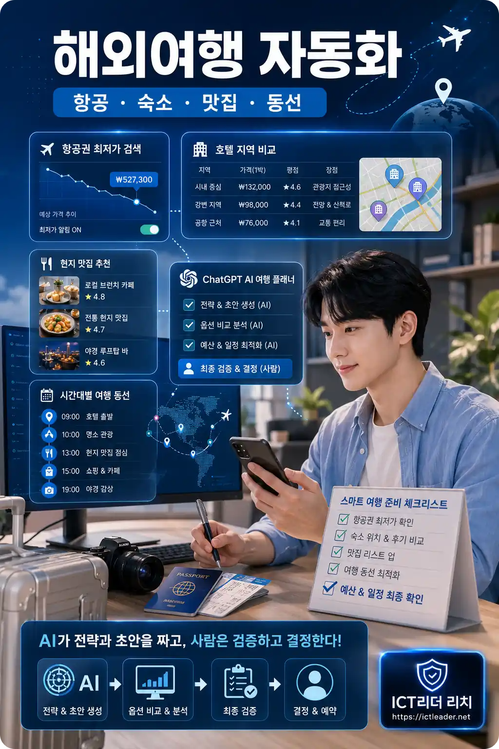 ChatGPT 해외여행 자동화로 항공 숙소 맛집 동선을 비교하는 남성 중심 AI 인포그래픽