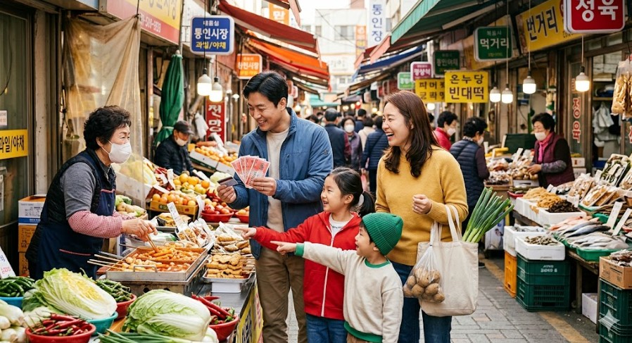 활기찬 전통시장 골목에서 온누리상품권과 카드를 들고 장을 보는 가족들의 행복한 분위기