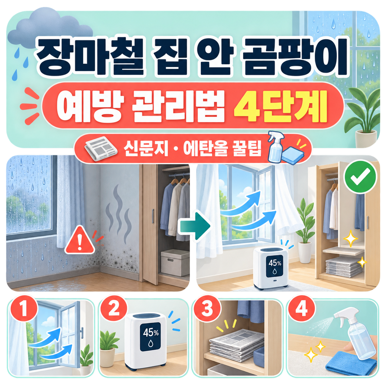 장마철 집 안 곰팡이를 99% 예방하는 생활관리법 4단계 (신문지·에탄올 꿀팁)