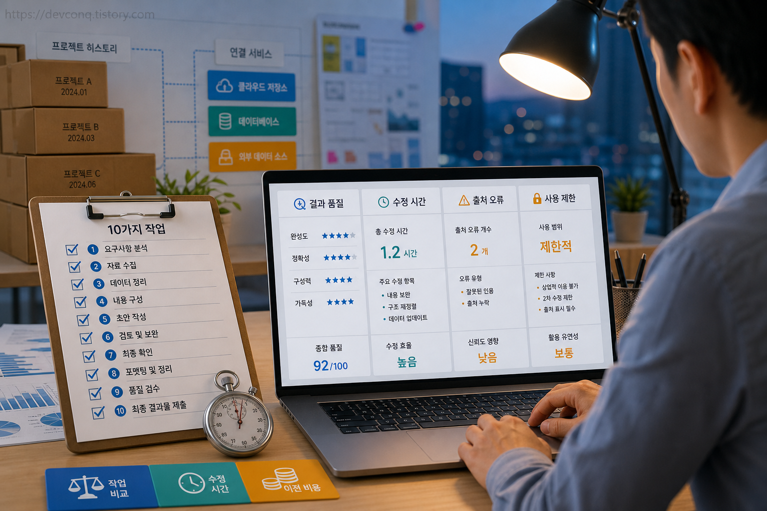실제 작업 10건의 품질과 수정 시간, 오류를 체크리스트로 비교하는 사용자