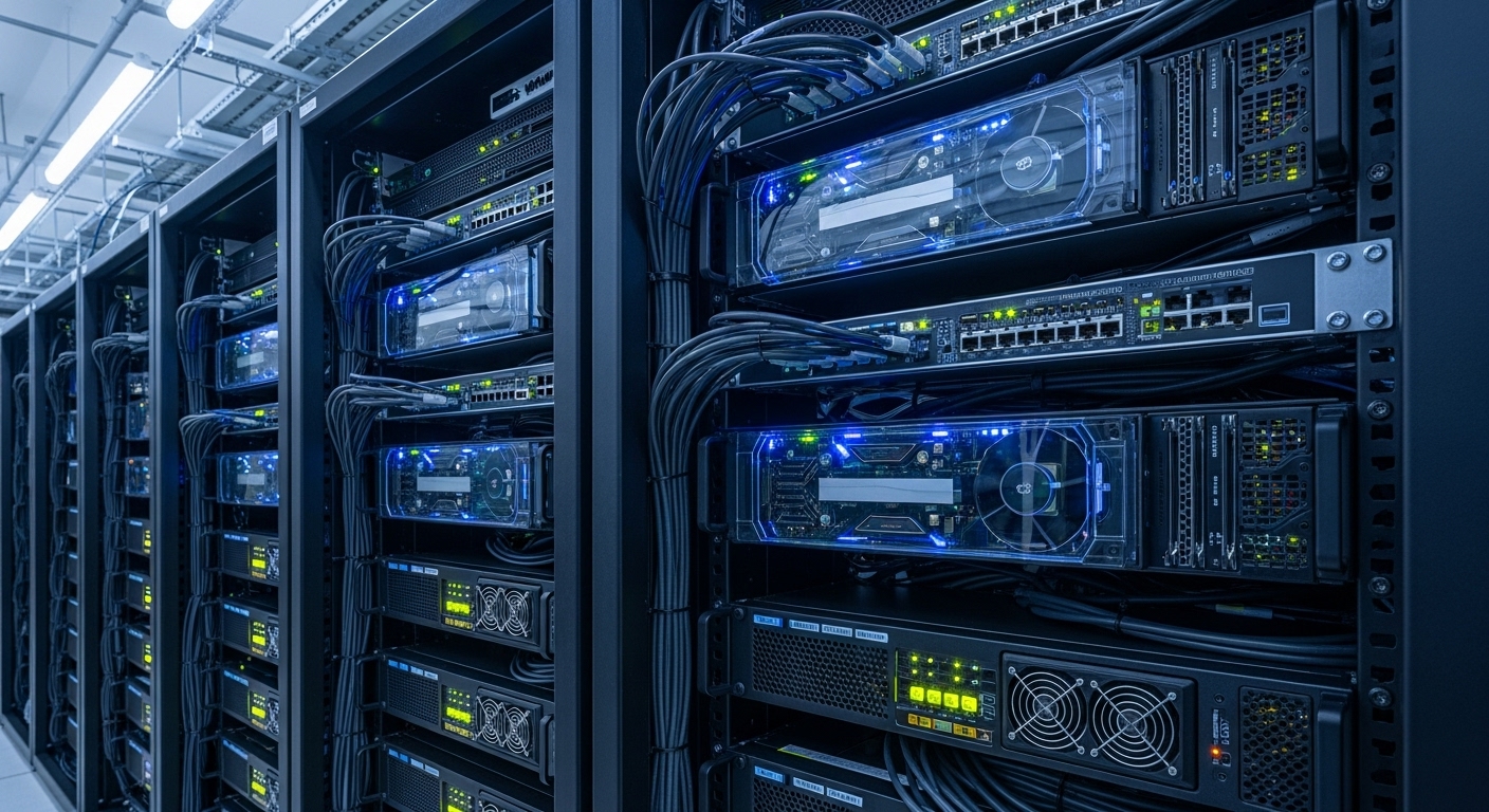 랙에 장착된 여러 개의 GPU 서버 이미지