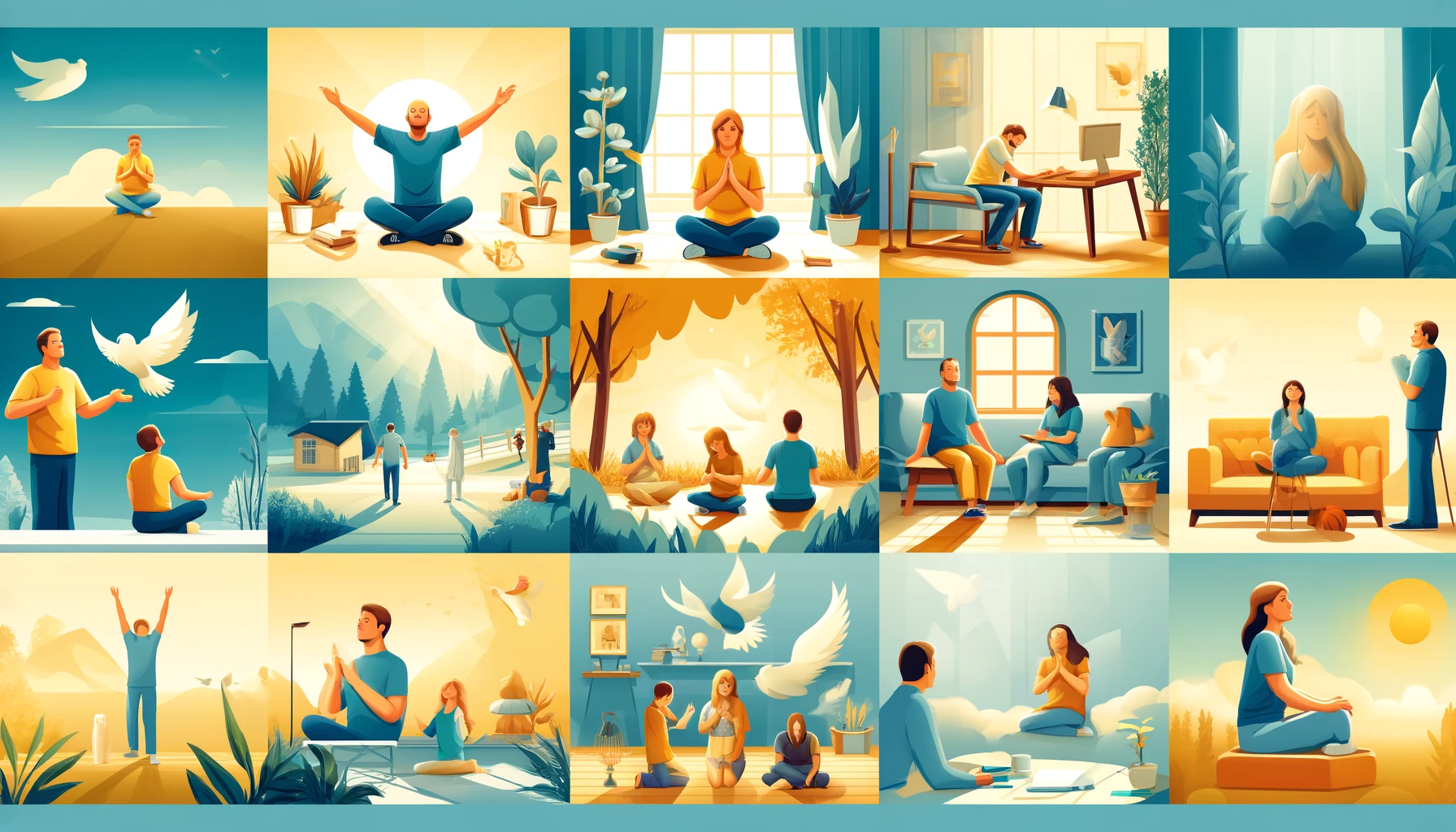 Here is the image depicting individuals consciously living within the Holy Spirit, experiencing peace and joy. The scene shows people praying for the Holy Spirit at various moments throughout their day in different settings, such as a serene park, a cozy living room, and a quiet office. The atmosphere is one of tranquility, spiritual connection, and the deliberate pursuit of inner peace and joy.