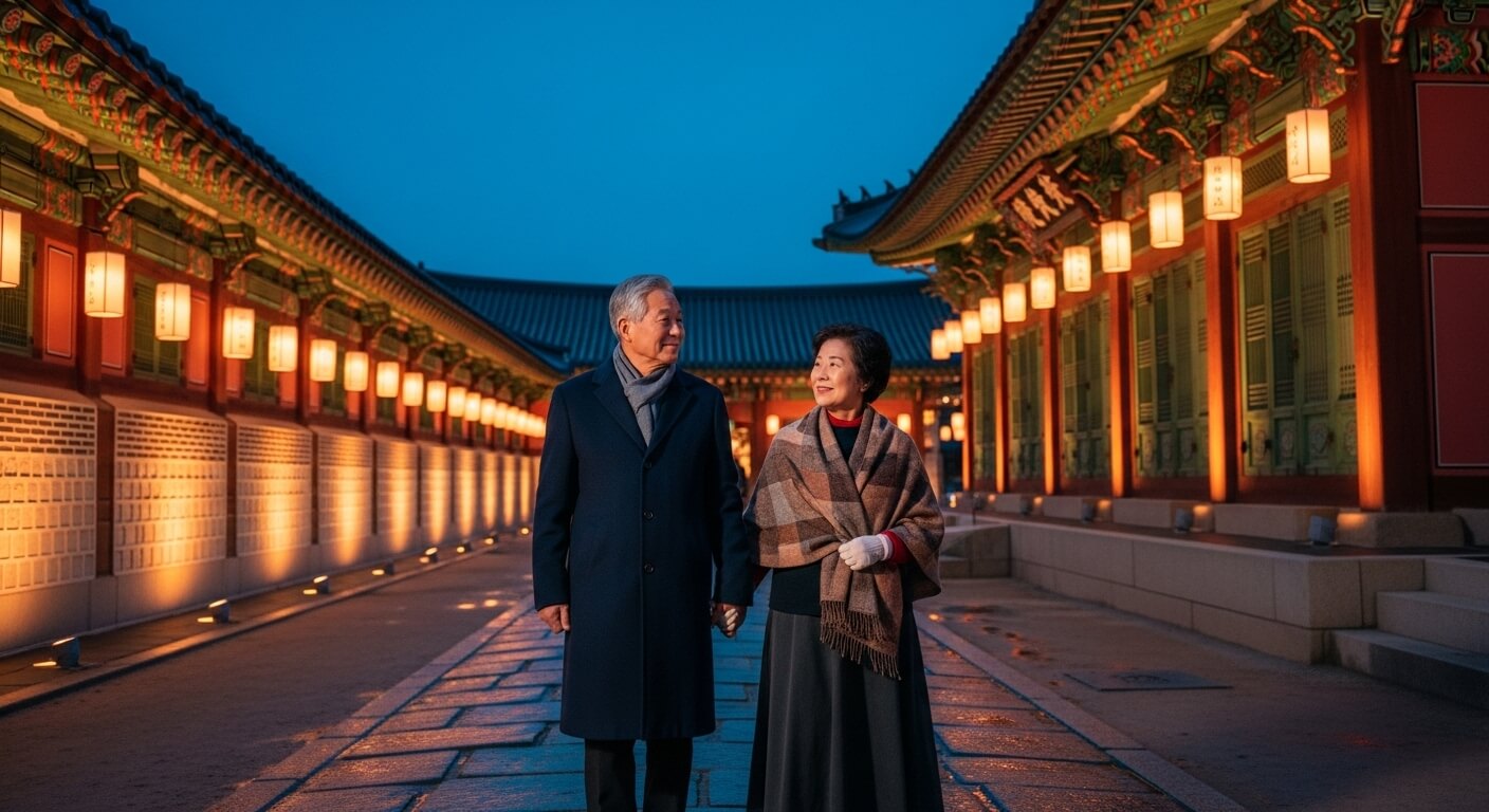 야간 조명이 비추는 궁궐 복도에서 산책하는 노부부