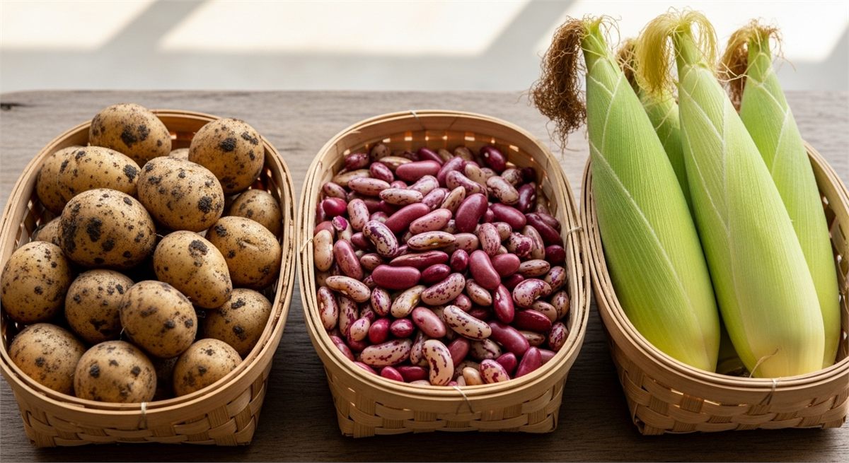 감자 강낭콩 옥수수 수확물을 비교해 놓은 클로즈업 장면
