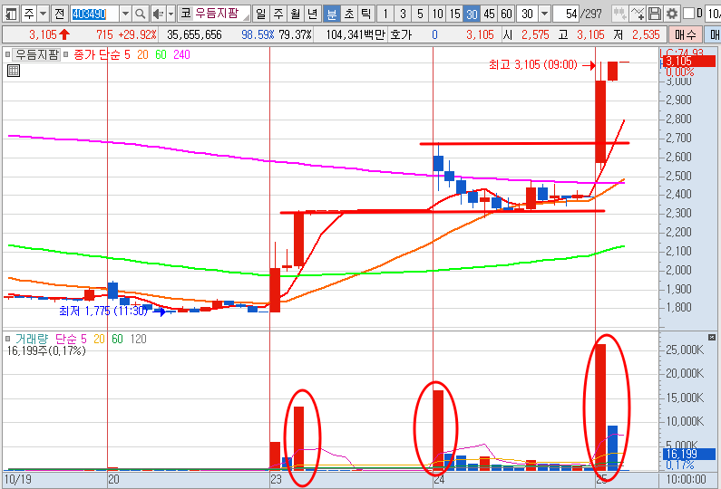 우듬지팜 30분봉 차트