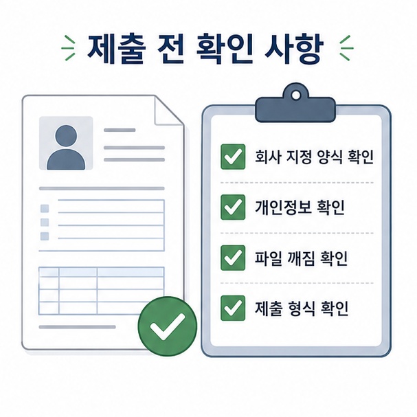 이력서 제출 전 회사 지정 양식, 개인정보, 파일 깨짐, 제출 형식을 확인하는 이미지