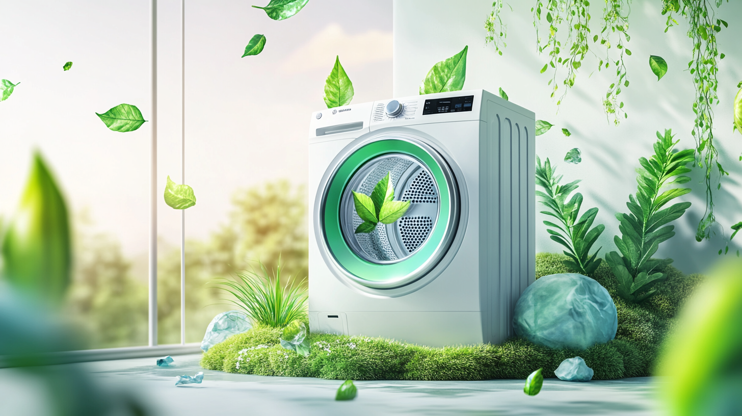 삼성 WF19T6000KW의 친환경 모드에서 에너지 효율성과 환경 의식을 상징하는 요소를 담은 개념적 아트워크.