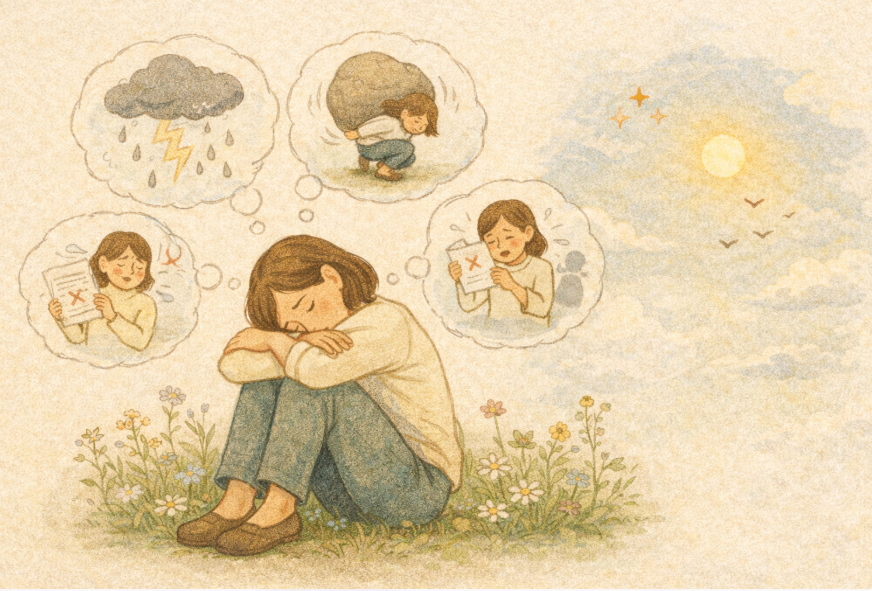 웅크리고 앉아 여러가지 생각에 잠겨있는 모습 사진