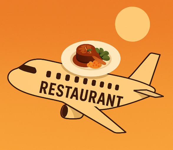 노을빛 오렌지 배경 위로 'RESTAURANT'라는 글자가 적힌 비행기가 날고 있는 모습 이미지