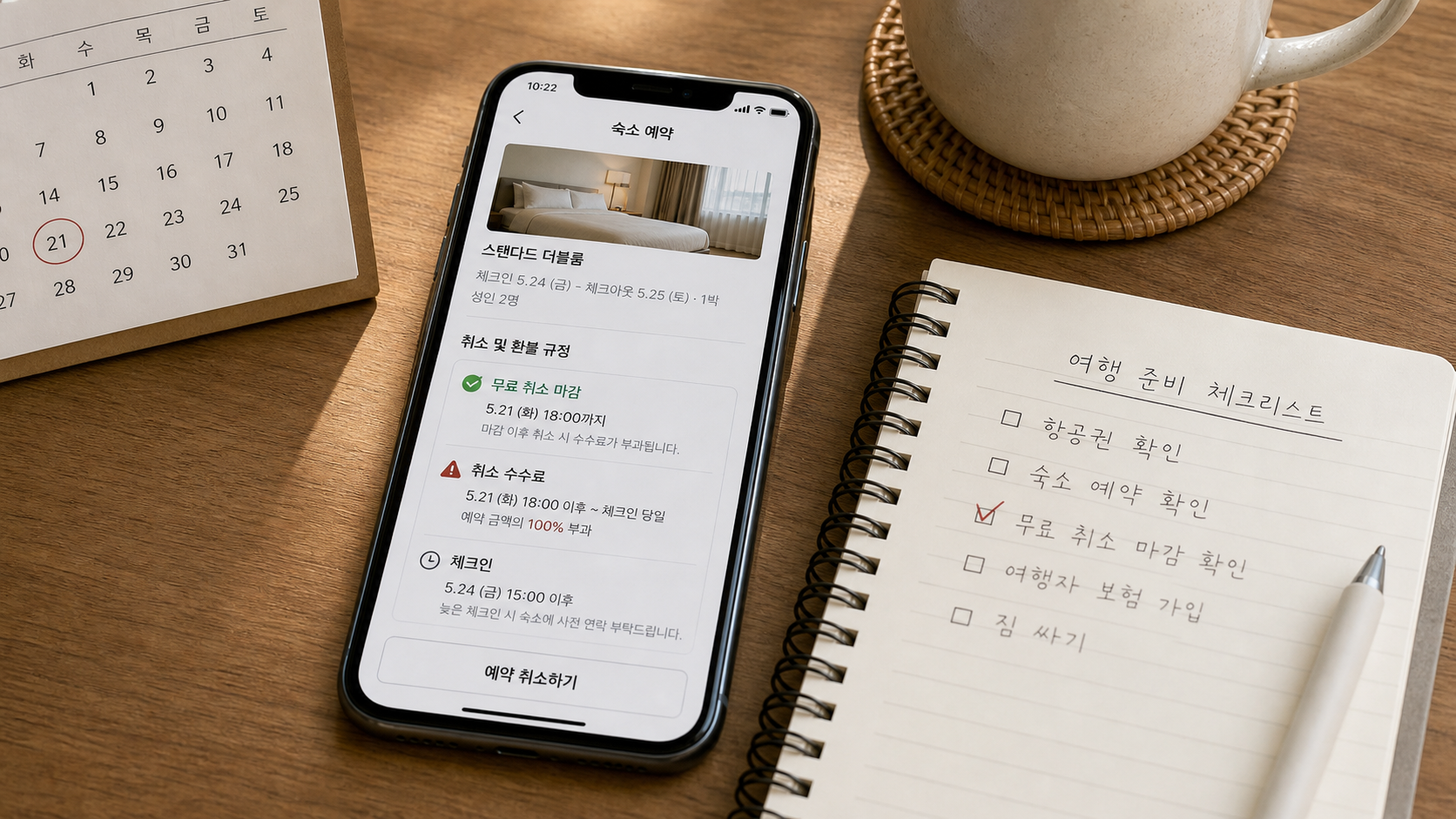 숙소 예약 상세 화면에서 무료 취소 마감시간과 취소 수수료를 확인하는 장면