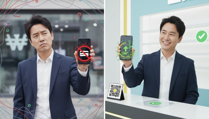 상생페이 결제 실패로 당황해하는 한국인과 성공적으로 상생페이를 사용하는 한국인의 모습을 비교하는 이미지