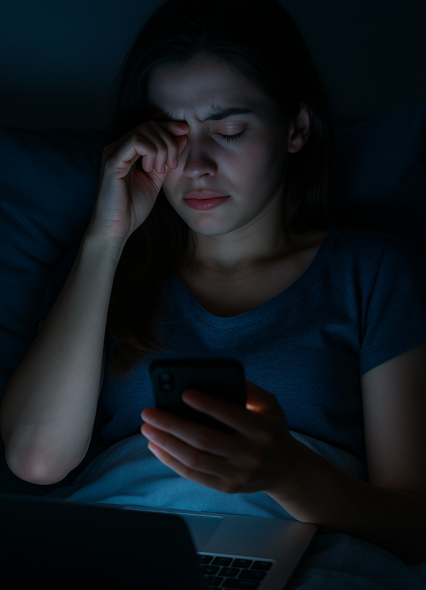 "어두운 방에서 스마트폰을 보며 눈을 비비는 젊은 여성 – 블루라이트로 인한 눈의 피로 표현"