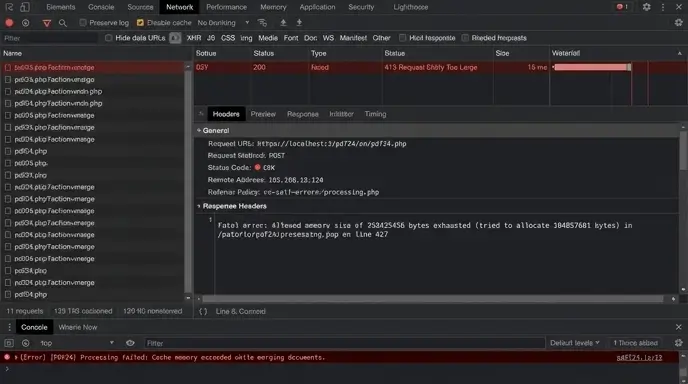 크롬 개발자 도구 네트워크 탭에서 발생한 PDF24 캐시 메모리 초과 에러 로그 화면