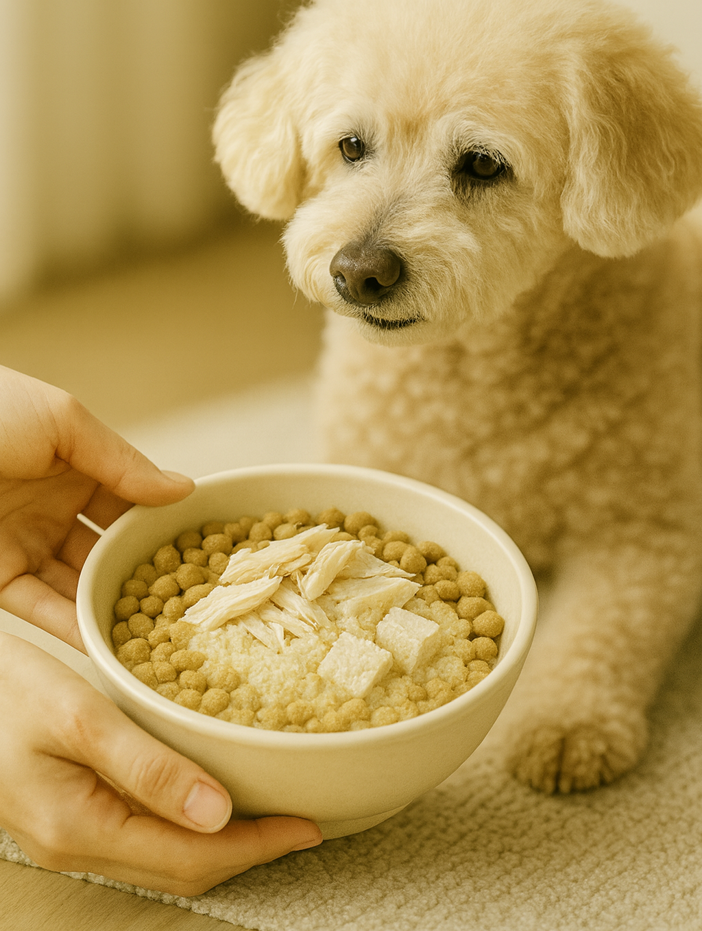 낮은 도자기 그릇에 물에 불린 사료 위로 찢은 닭가슴살과 으깬 두부가 올려져 있다.
그릇을 손으로 받쳐 든 보호자 앞에서 노령 푸들이 조용히 앉아 바라보며 코를 킁킁대고 있다.
미끄럼 방지 매트 위의 따뜻한 실내 공간으로, 소화가 잘되는 영양식을 준비하는 장면이다.