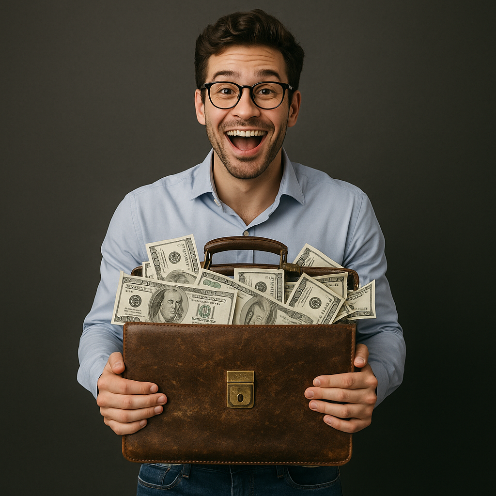 돈가방 받고 기뻐하는 사람